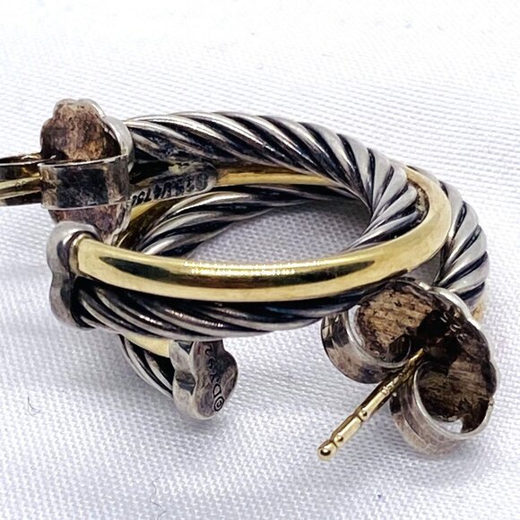 David Yurman Sterling Silver 925 18K Bonded Yellow Gold Crossover Hoops - Picture 4 of 10